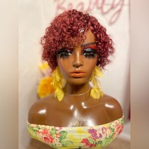 Short Curly Cognac Red Human Hair Wig